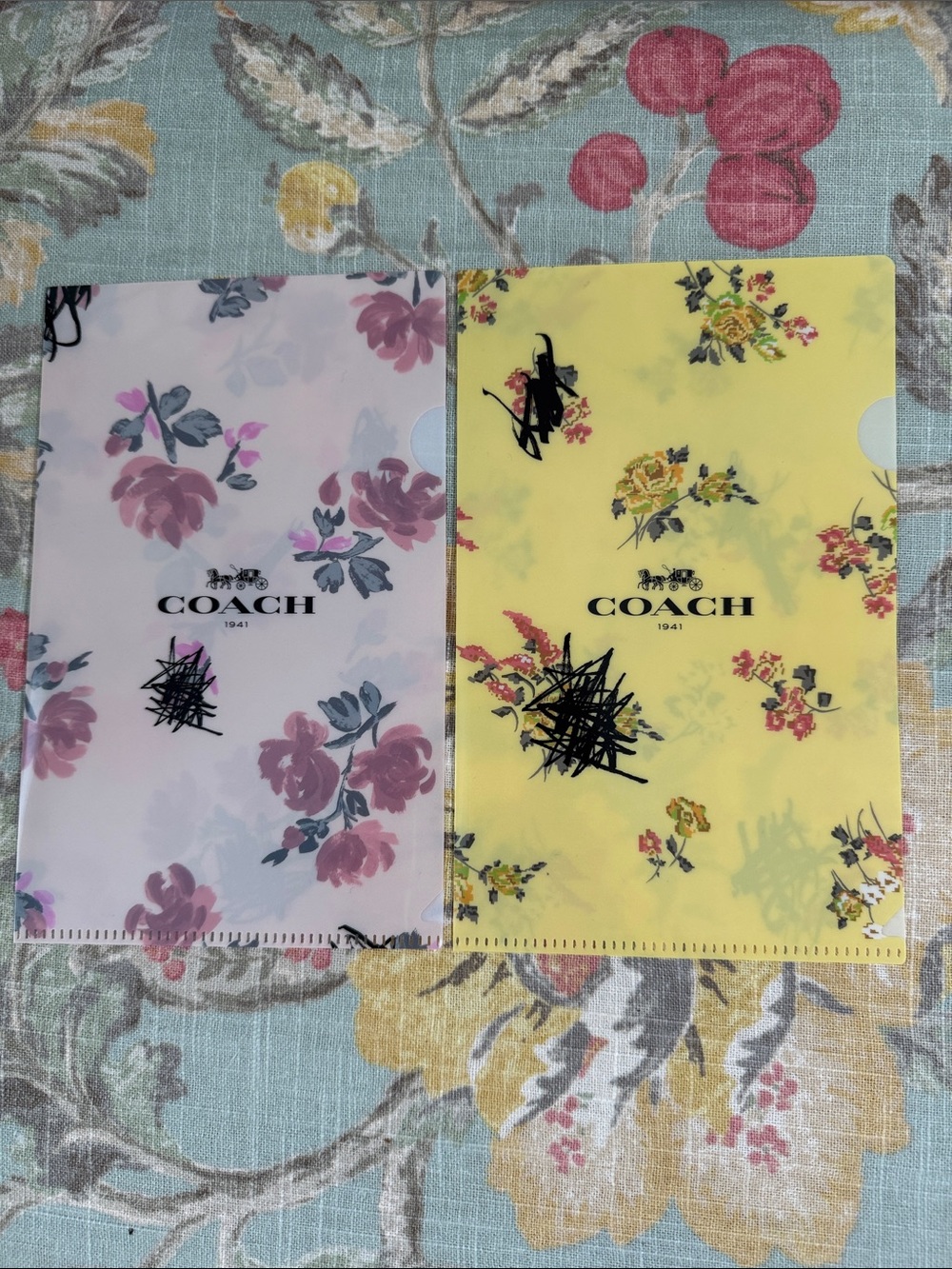 Coach Set of Two Floral Clear File Folders - Pink & Yellow Floral Set